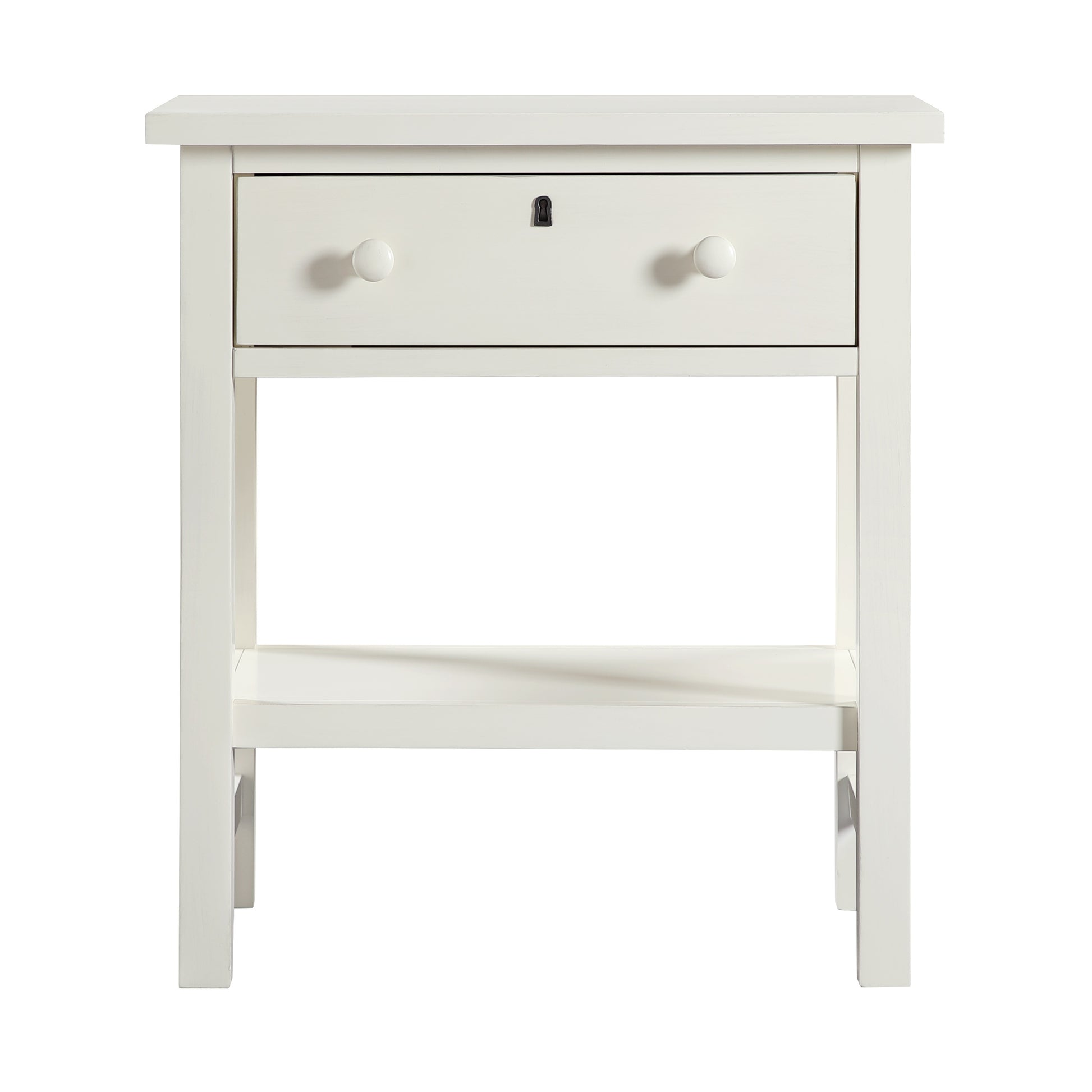 Finley 1-Drawer Storage Nightstand in Antique White with Distressed Wood Finish and Traditional Design Details