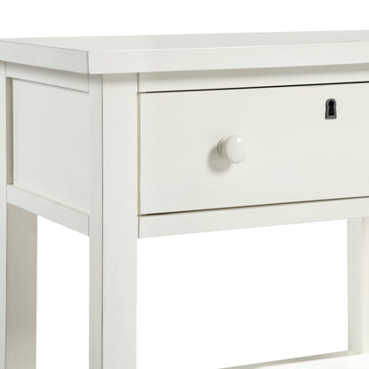 Finley 1-Drawer Storage Nightstand in Antique White with Distressed Wood Finish and Traditional Design Details