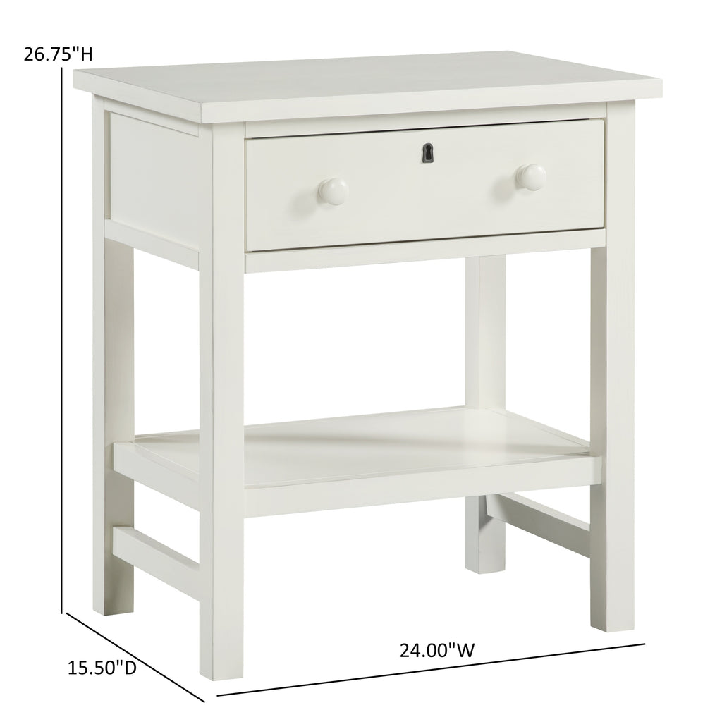 Finley 1-Drawer Storage Nightstand in Antique White with Distressed Wood Finish and Traditional Design Details