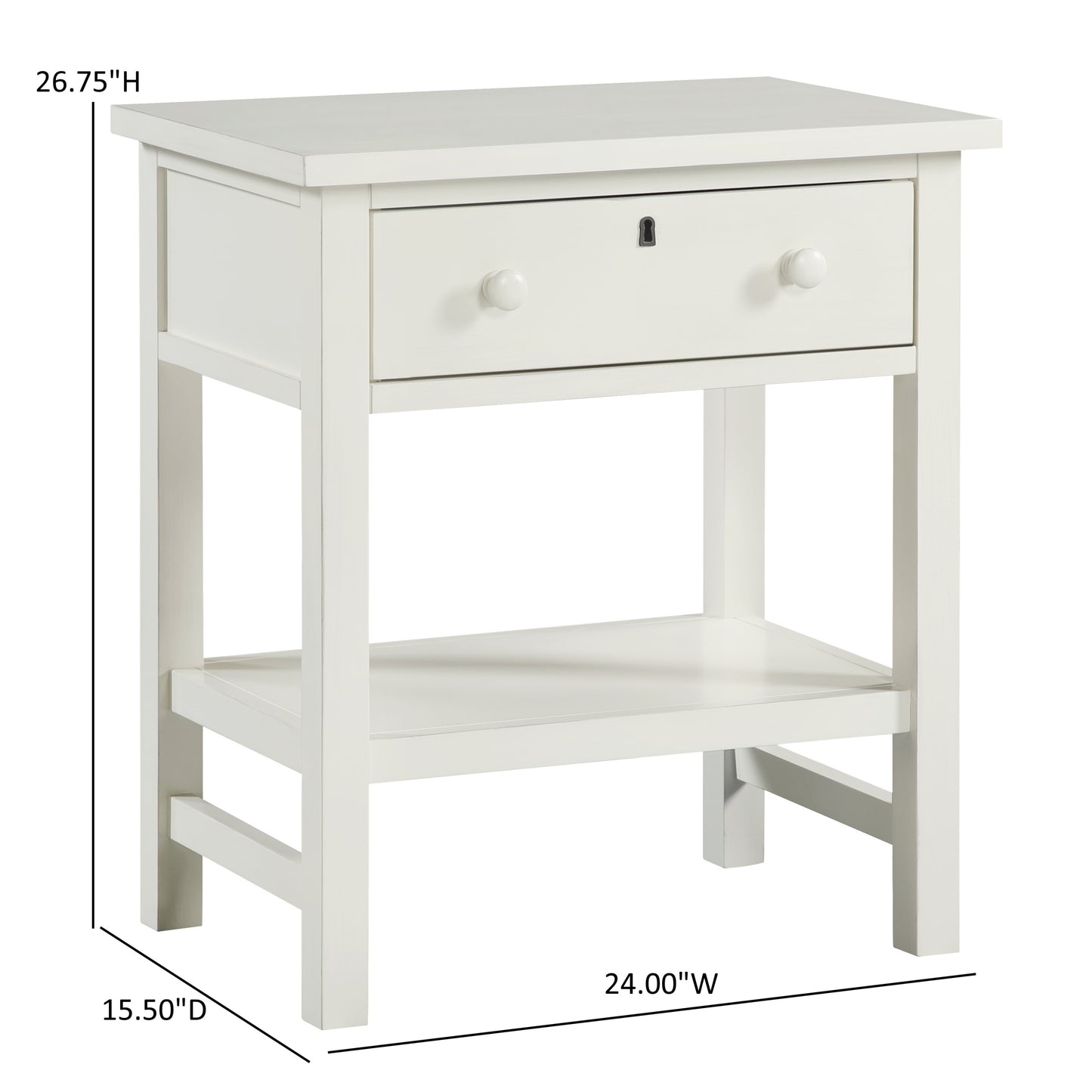 Finley 1-Drawer Storage Nightstand in Antique White with Distressed Wood Finish and Traditional Design Details