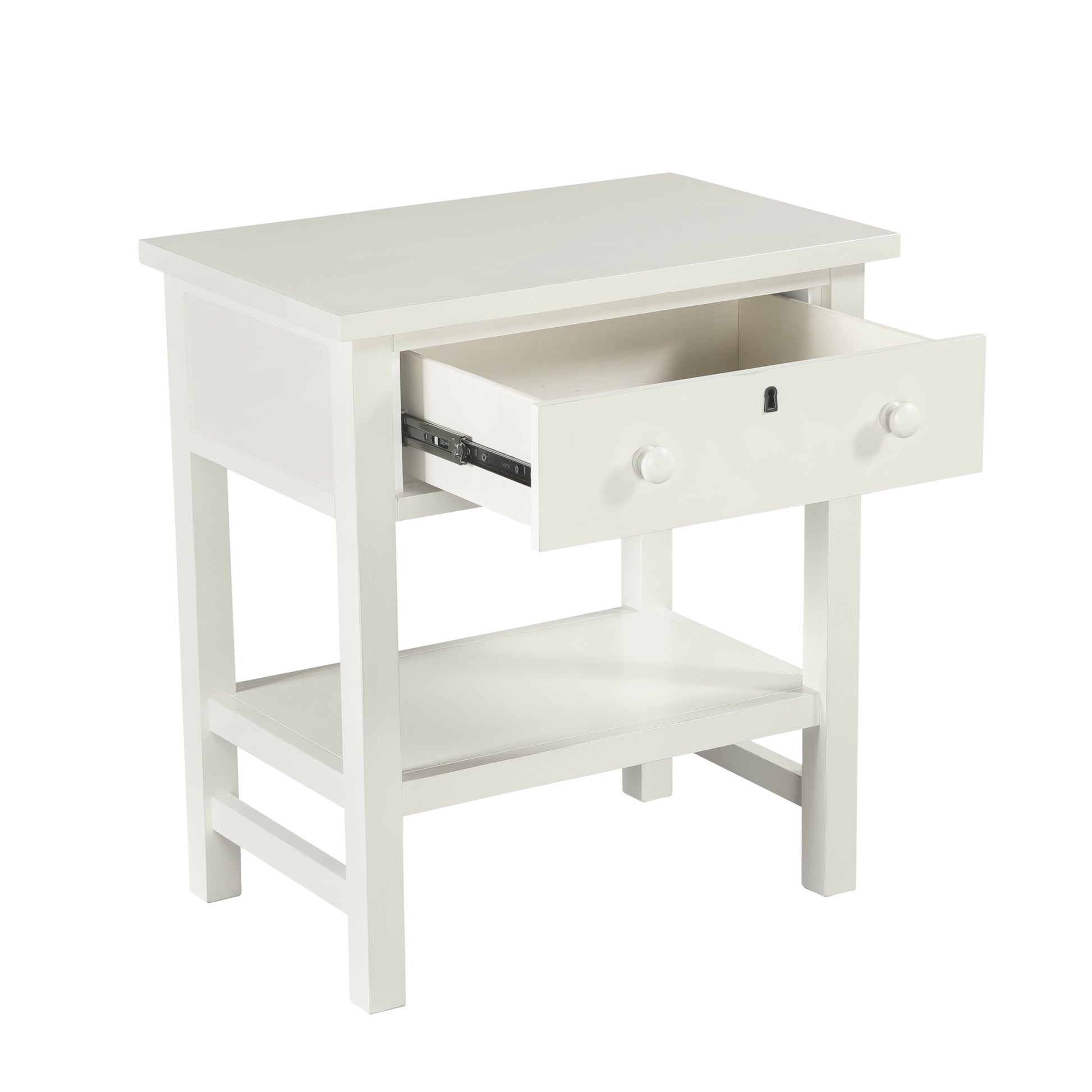 Finley 1-Drawer Storage Nightstand in Antique White with Distressed Wood Finish and Traditional Design Details