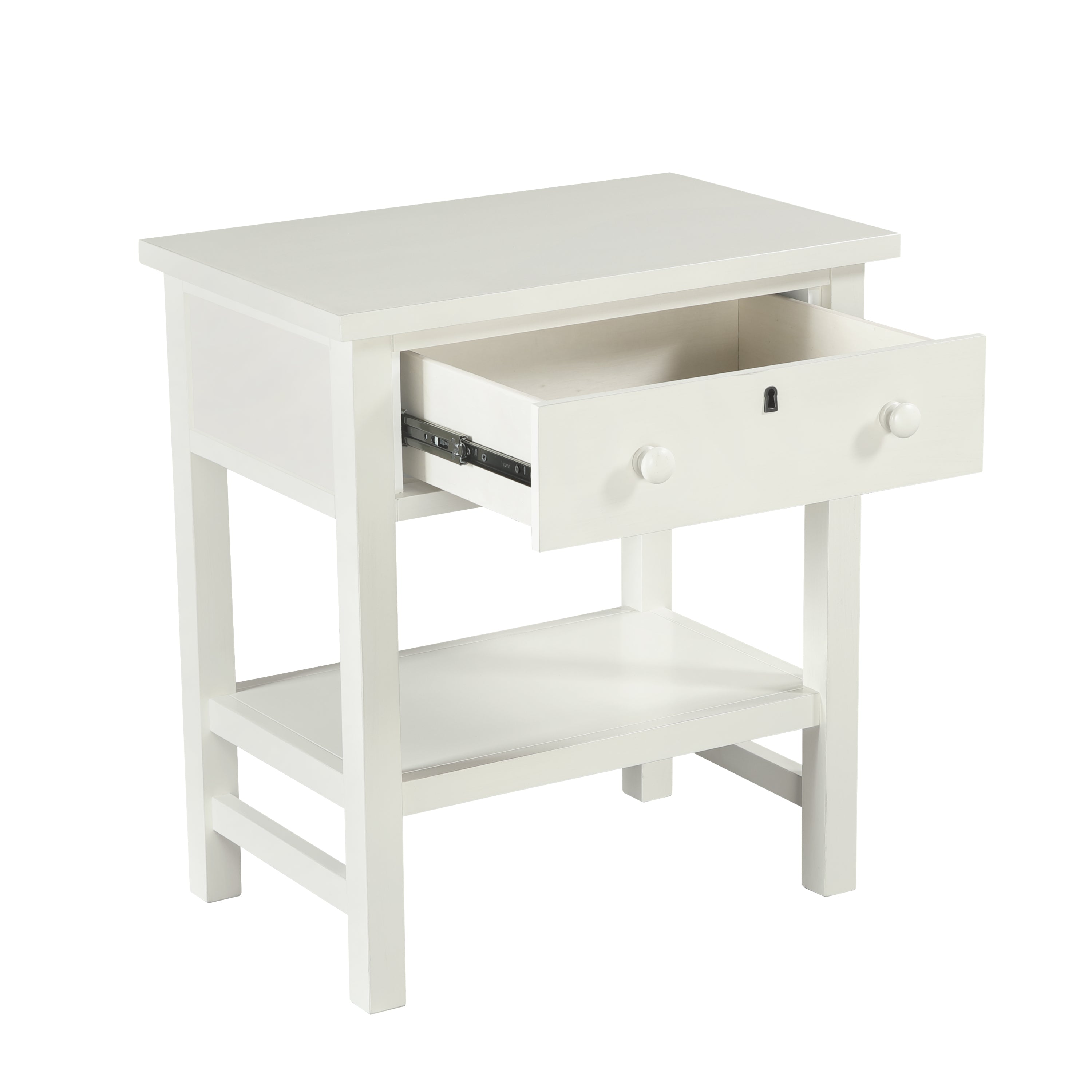 Finley 1-Drawer Storage Nightstand in Antique White with Distressed Wood Finish and Traditional Design Details