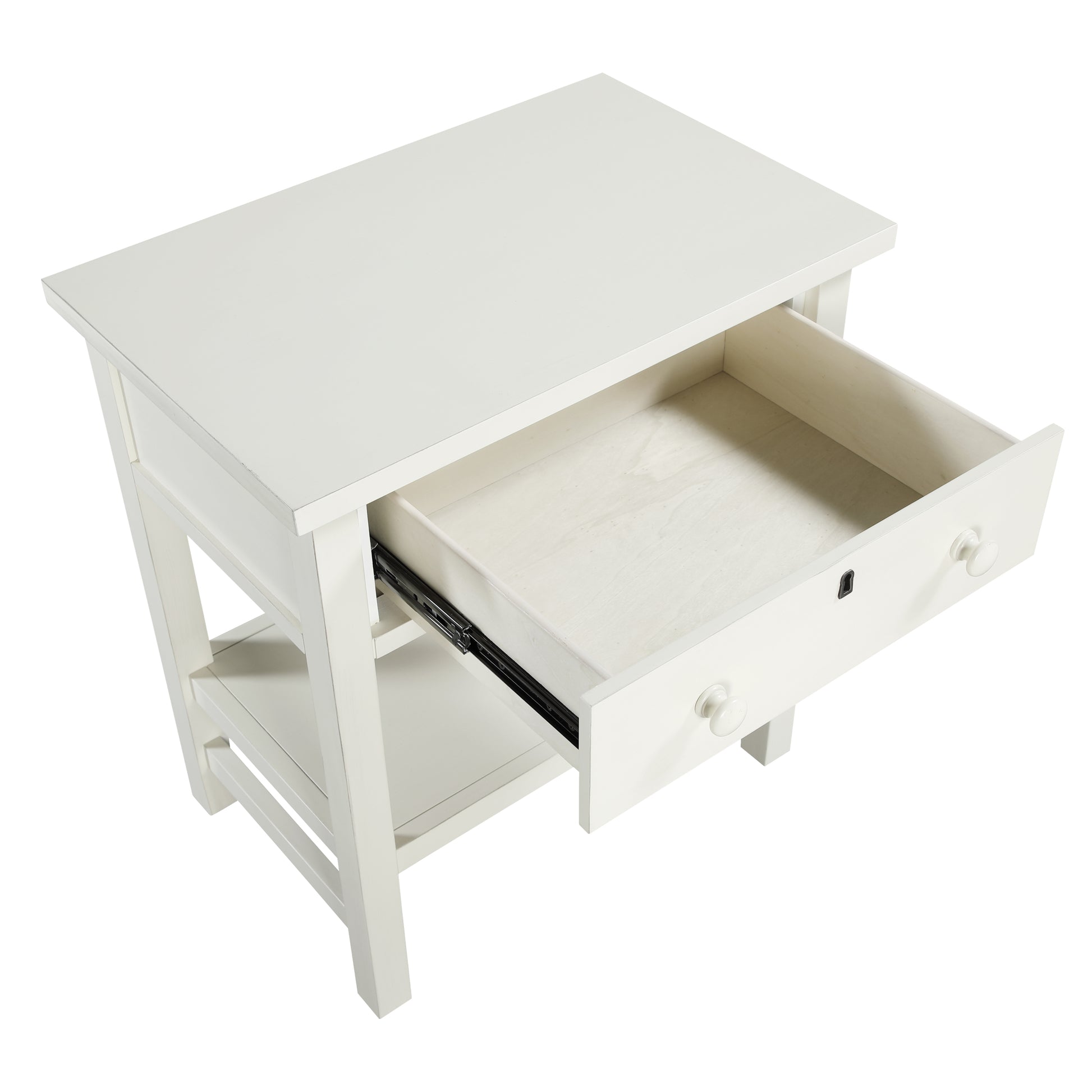 Finley 1-Drawer Storage Nightstand in Antique White with Distressed Wood Finish and Traditional Design Details