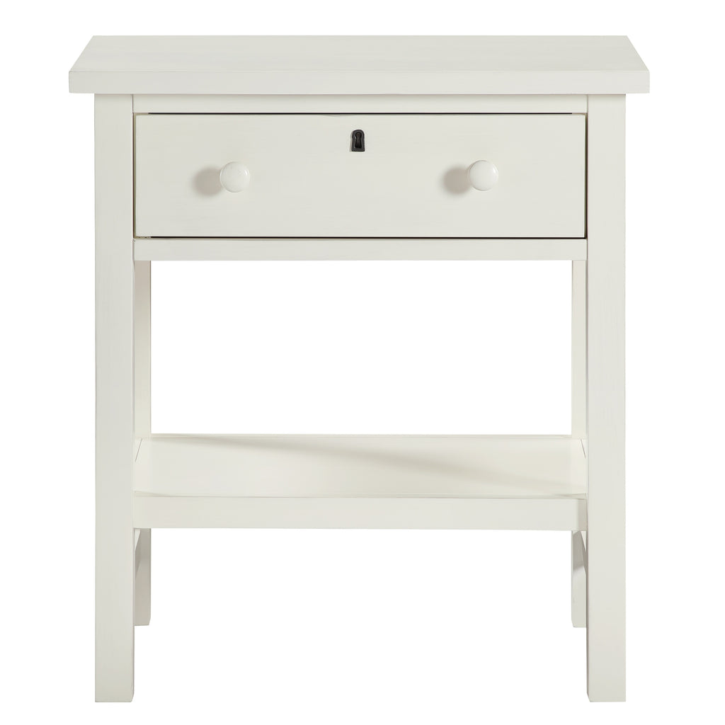Finley 1-Drawer Storage Nightstand in Antique White with Distressed Wood Finish and Traditional Design Details