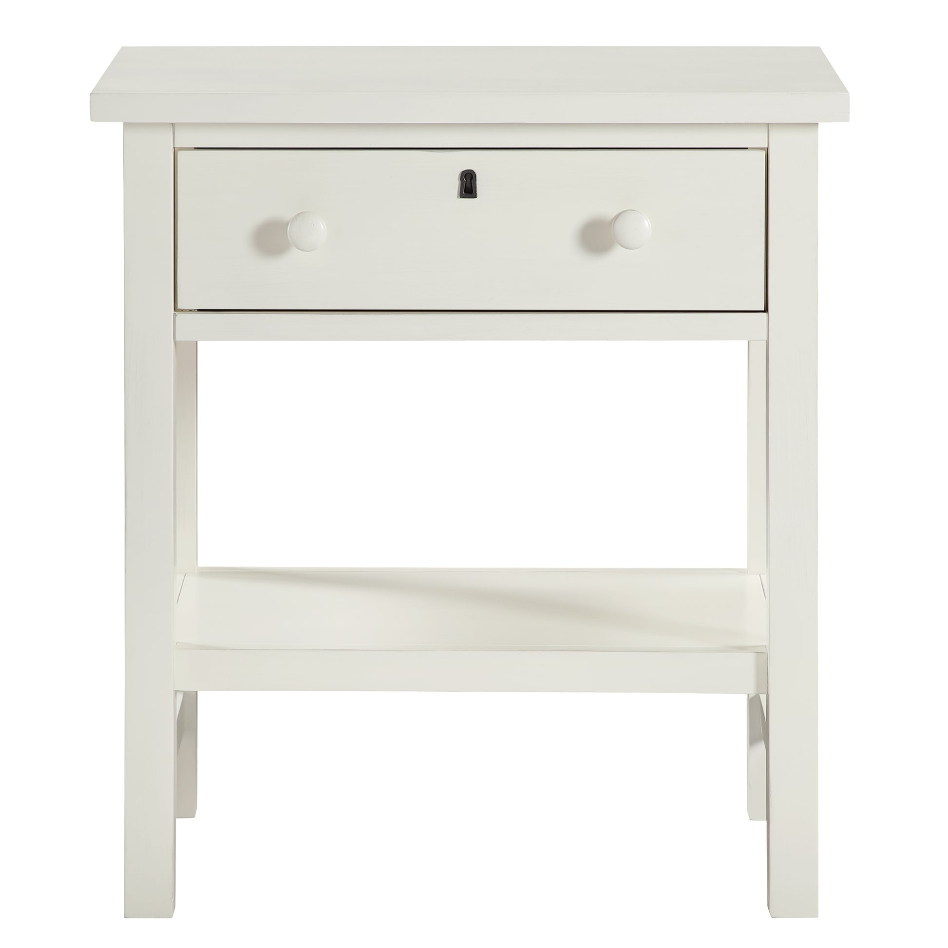 Finley 1-Drawer Storage Nightstand in Antique White with Distressed Wood Finish and Traditional Design Details