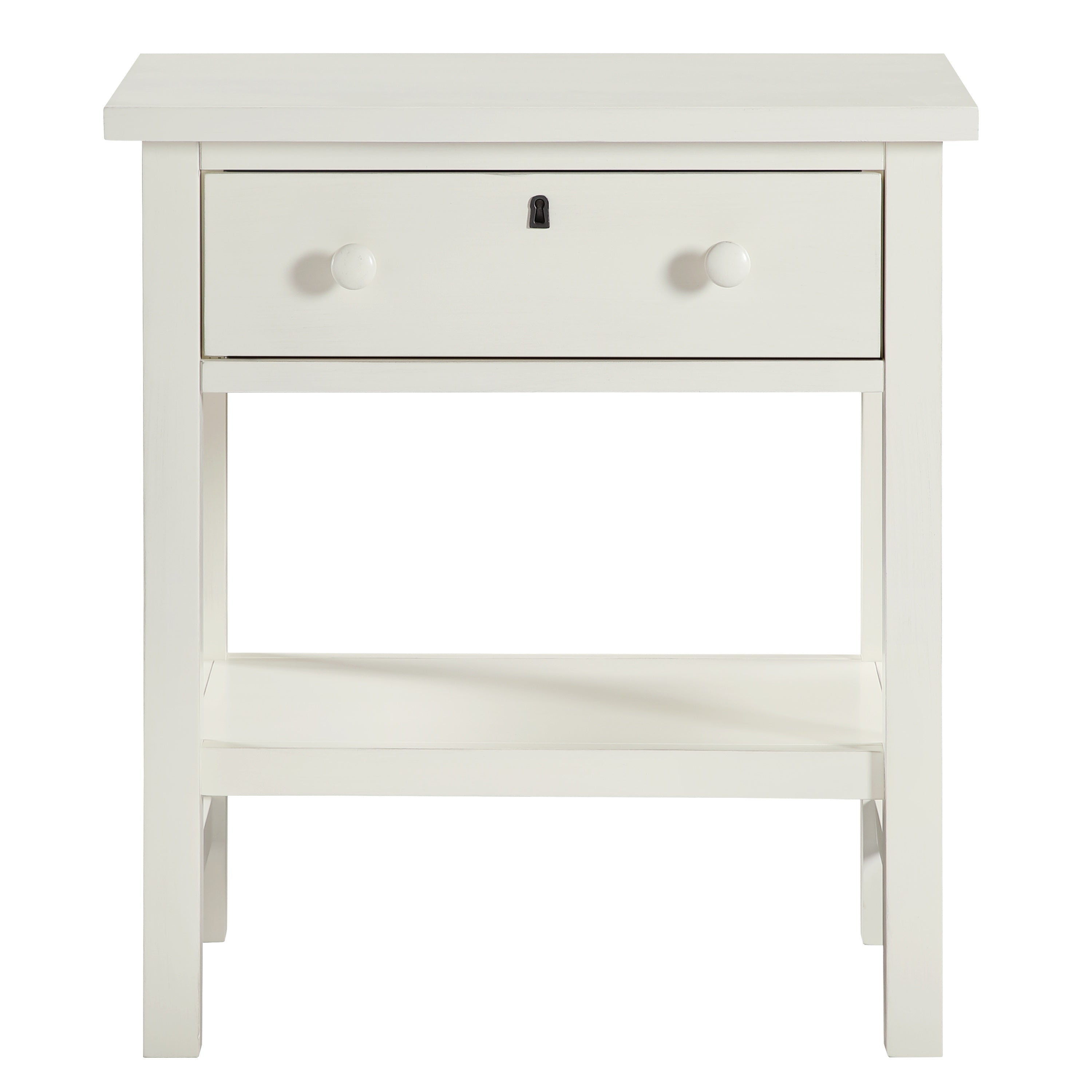 Finley 1-Drawer Storage Nightstand in Antique White with Distressed Wood Finish and Traditional Design Details