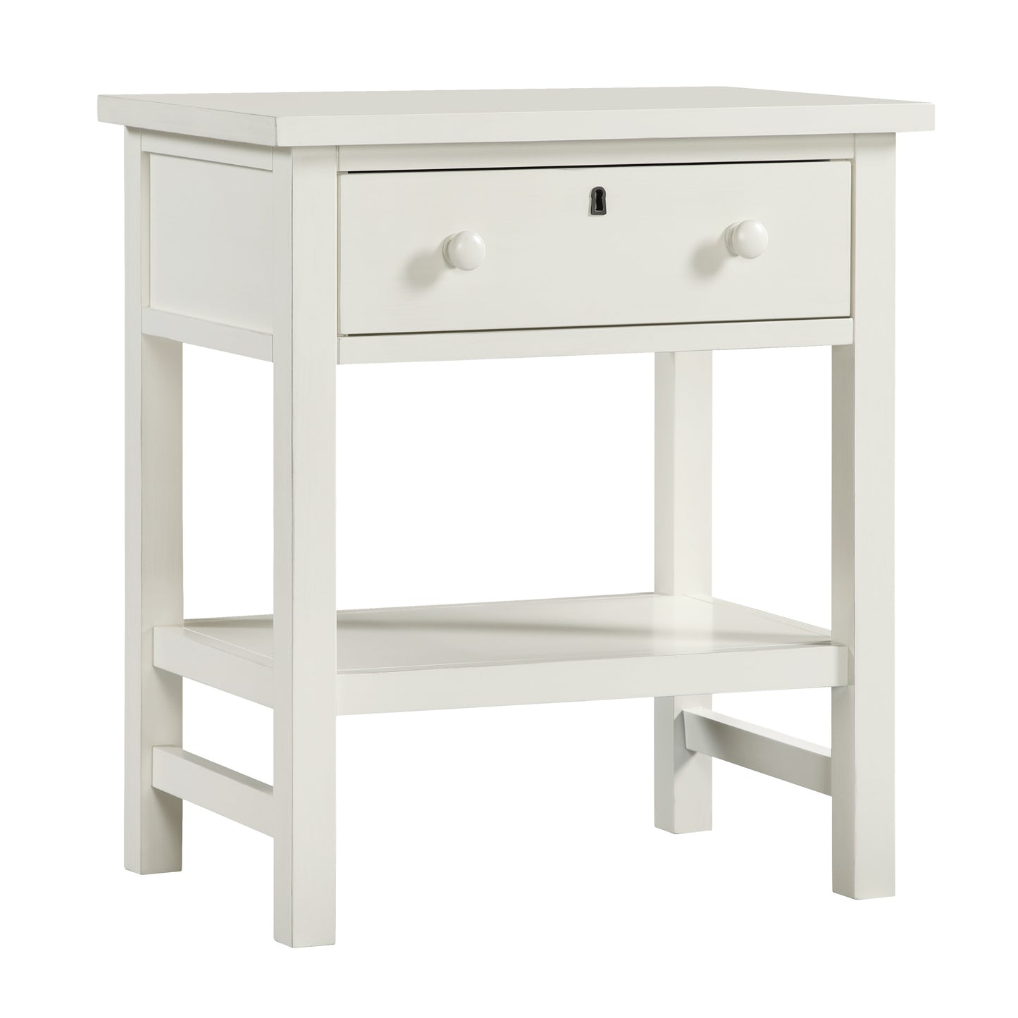 Finley 1-Drawer Storage Nightstand in Antique White with Distressed Wood Finish and Traditional Design Details