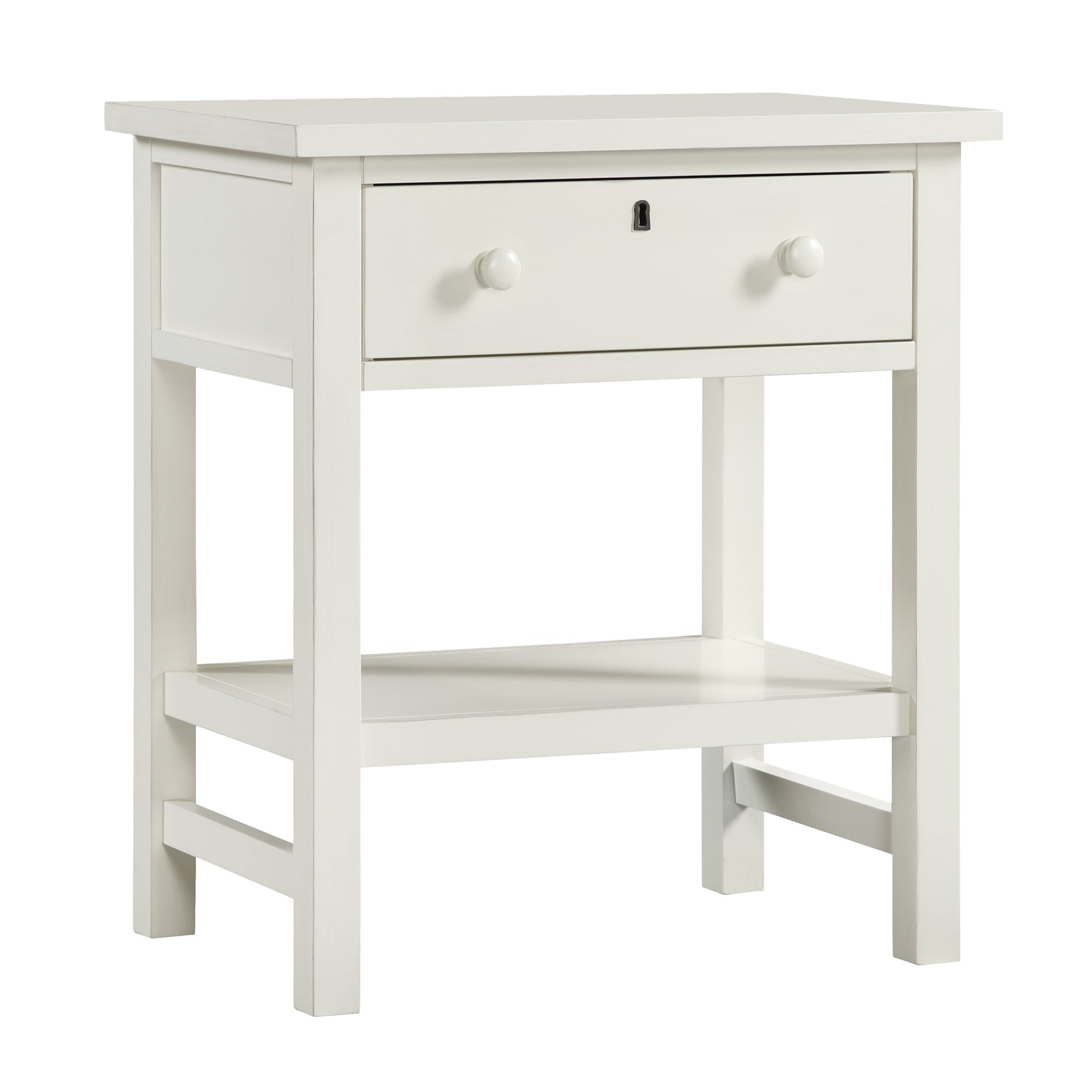 Finley 1-Drawer Storage Nightstand in Antique White with Distressed Wood Finish and Traditional Design Details