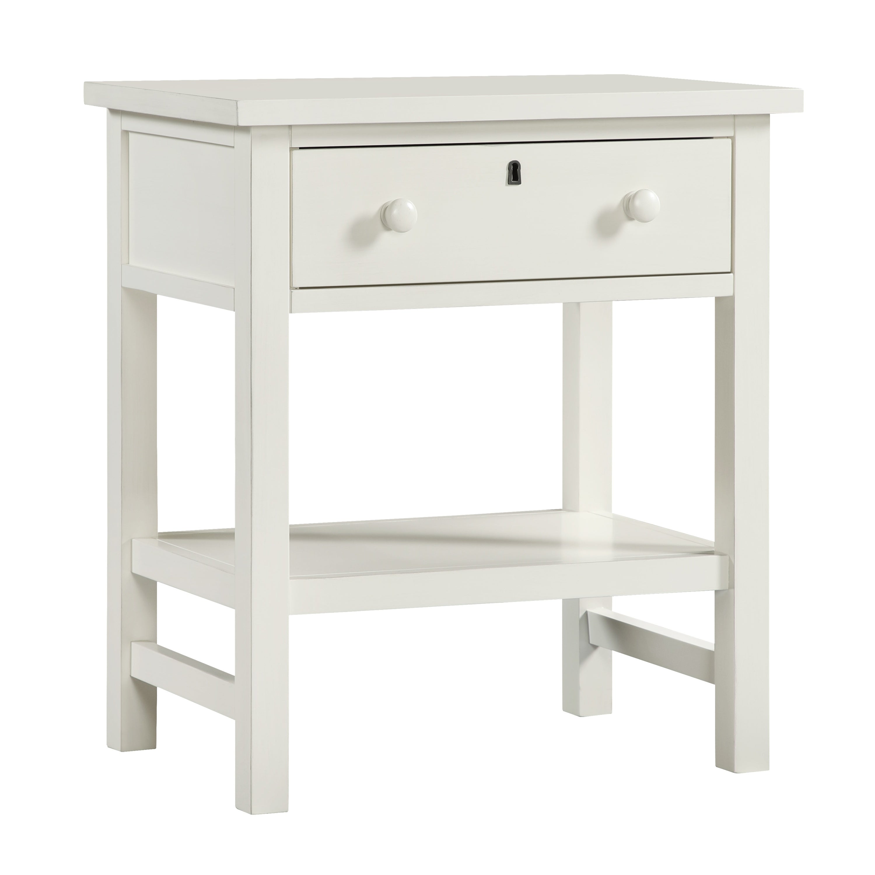Finley 1-Drawer Storage Nightstand in Antique White with Distressed Wood Finish and Traditional Design Details