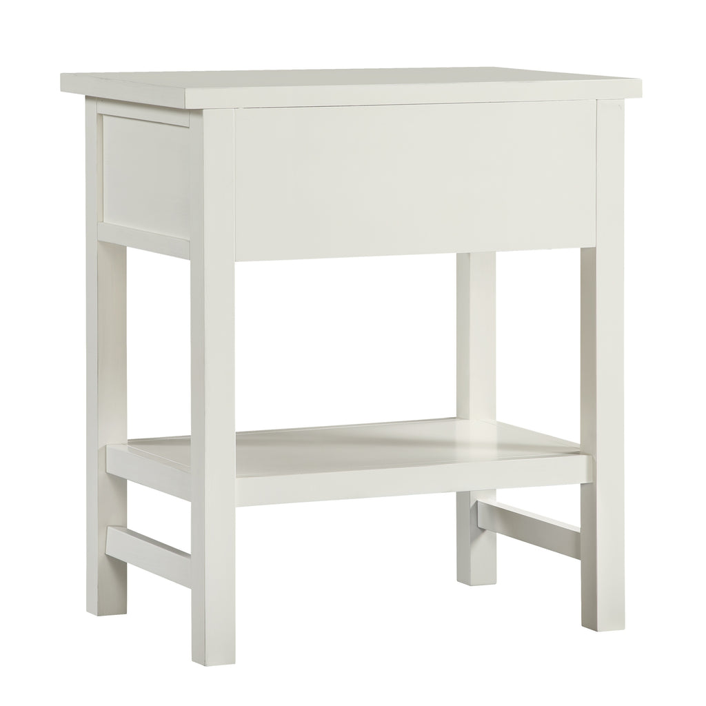 Finley 1-Drawer Storage Nightstand in Antique White with Distressed Wood Finish and Traditional Design Details