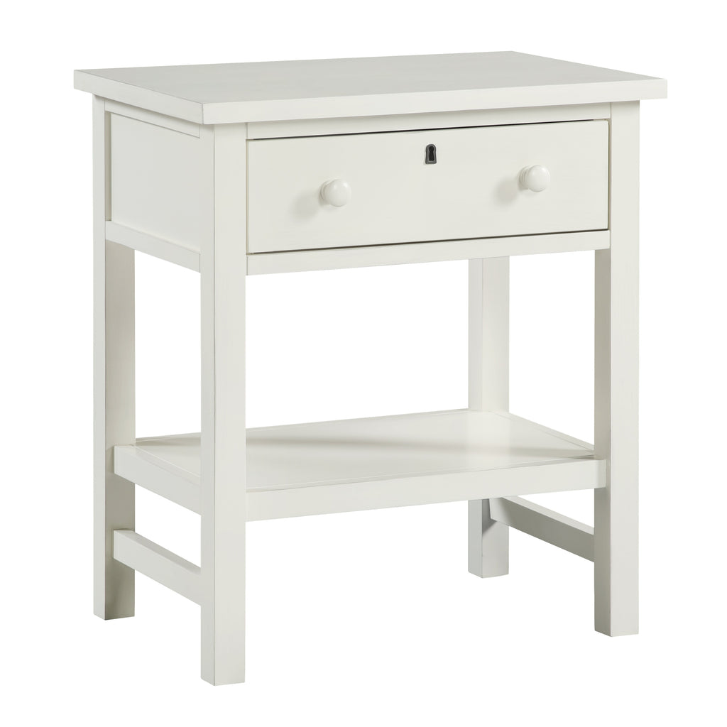 Finley 1-Drawer Storage Nightstand in Antique White with Distressed Wood Finish and Traditional Design Details