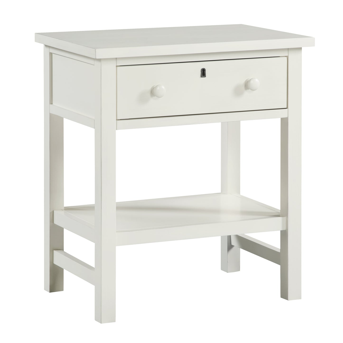 Finley 1-Drawer Storage Nightstand in Antique White with Distressed Wood Finish and Traditional Design Details