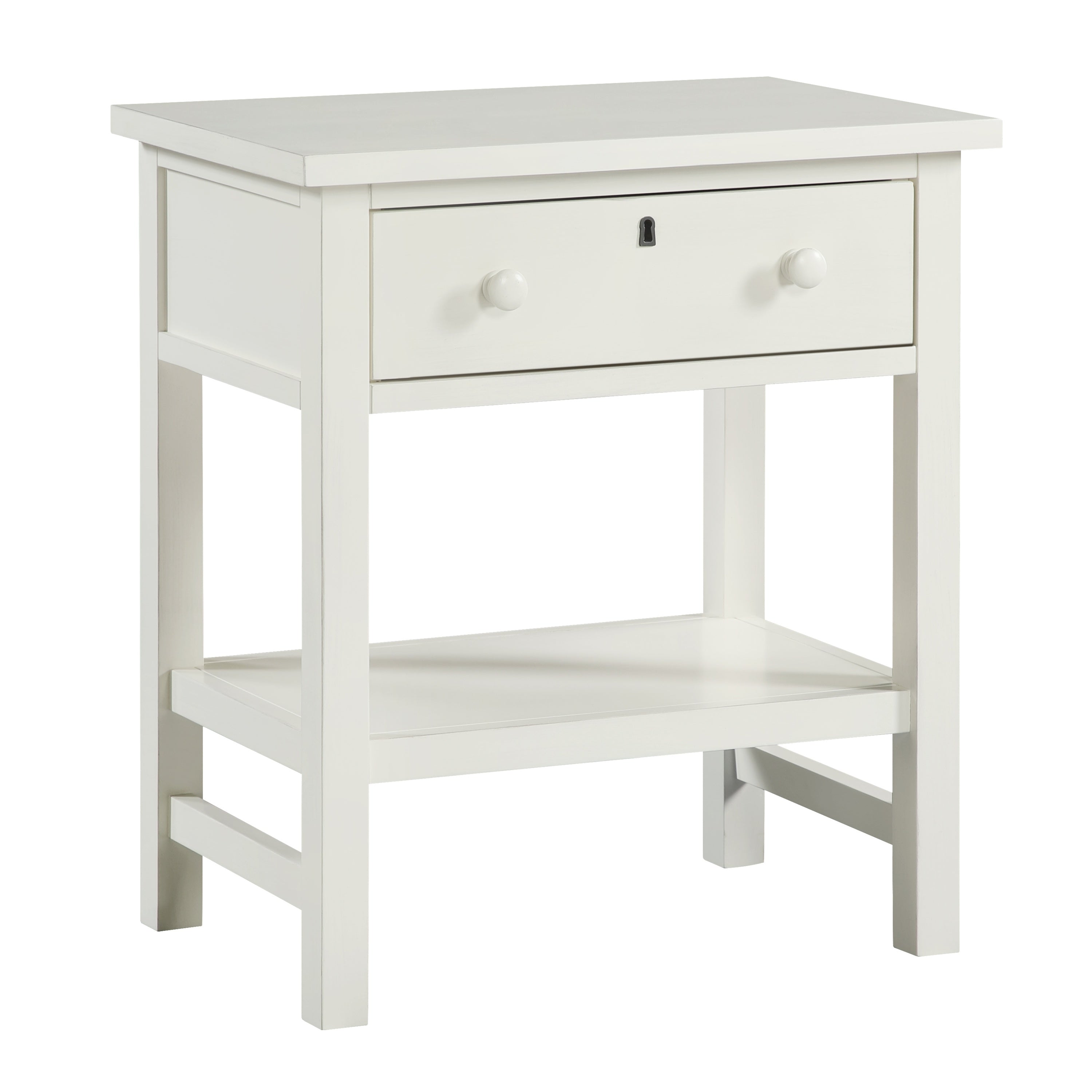Finley 1-Drawer Storage Nightstand in Antique White with Distressed Wood Finish and Traditional Design Details