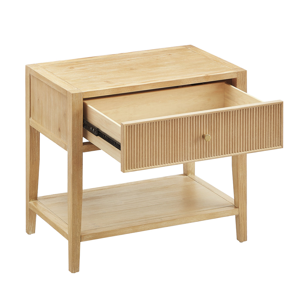Fleur Natural 1-Drawer Nightstand with Reeded Front, Gold Pull, Solid Wood and MDF Construction in Natural Finish