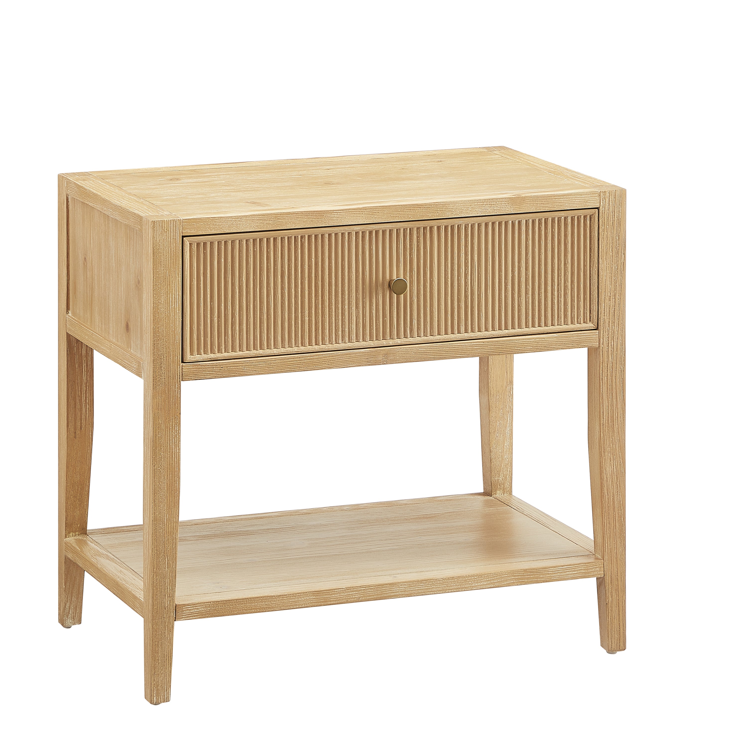 Fleur Natural 1-Drawer Nightstand with Reeded Front, Gold Pull, Solid Wood and MDF Construction in Natural Finish