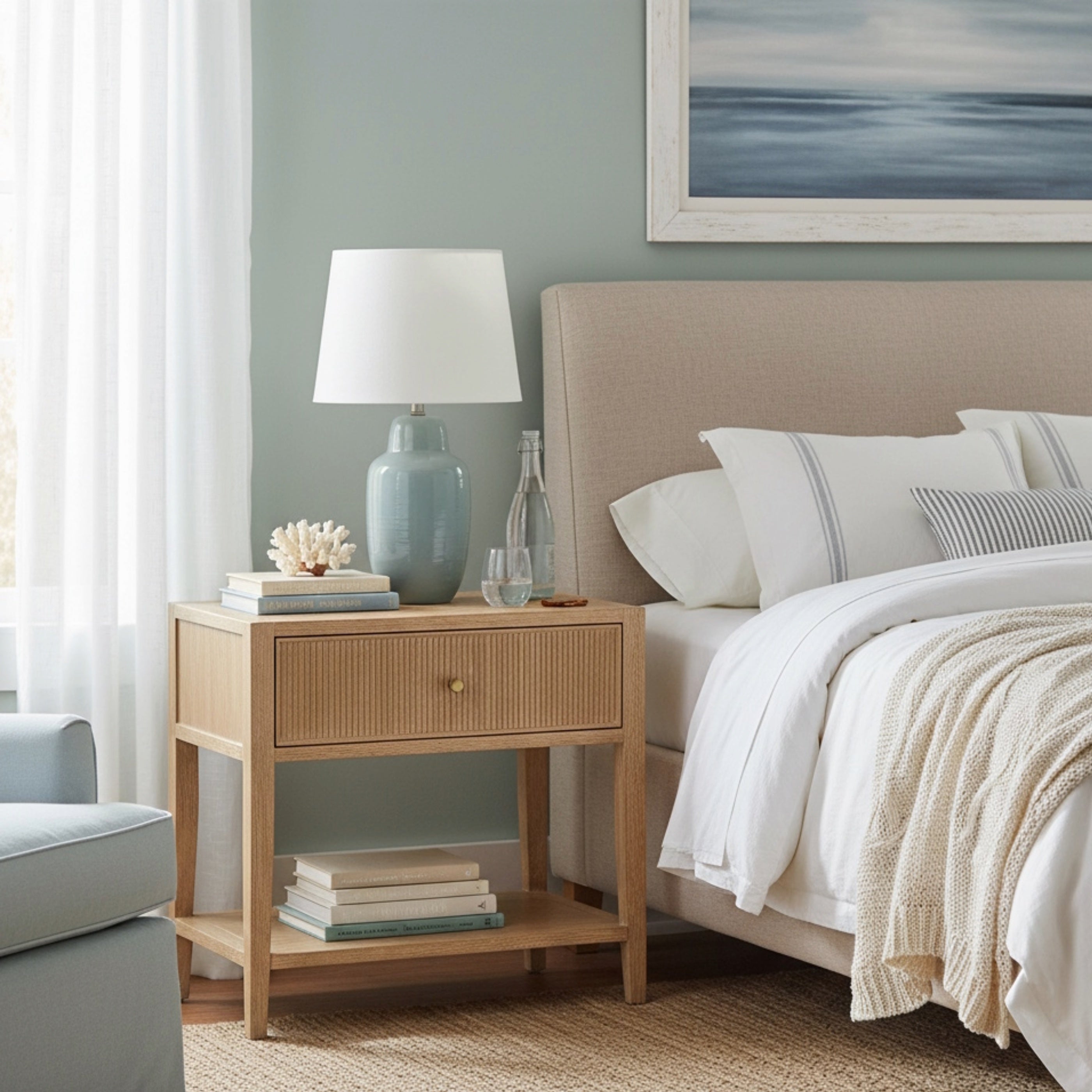 Fleur Natural 1-Drawer Nightstand with Reeded Front, Gold Pull, Solid Wood and MDF Construction in Natural Finish