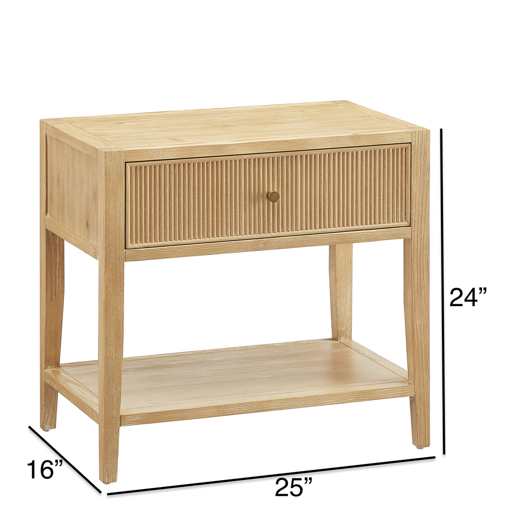 Fleur Natural 1-Drawer Nightstand with Reeded Front, Gold Pull, Solid Wood and MDF Construction in Natural Finish