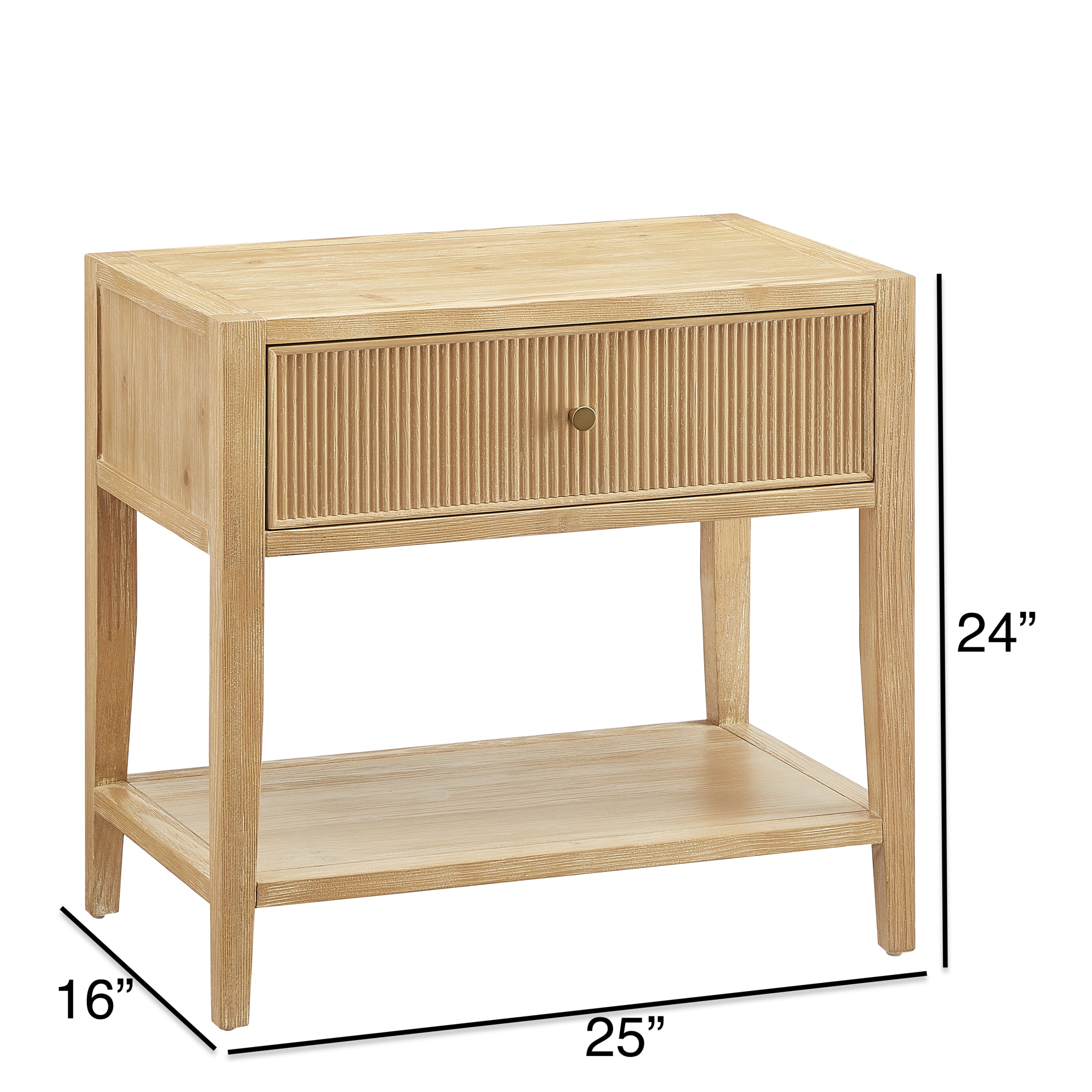 Fleur Natural 1-Drawer Nightstand with Reeded Front, Gold Pull, Solid Wood and MDF Construction in Natural Finish