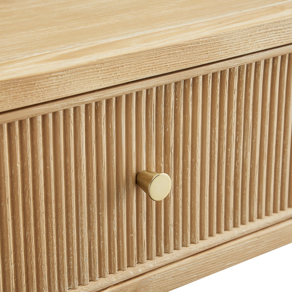 Fleur Natural 1-Drawer Nightstand with Reeded Front, Gold Pull, Solid Wood and MDF Construction in Natural Finish