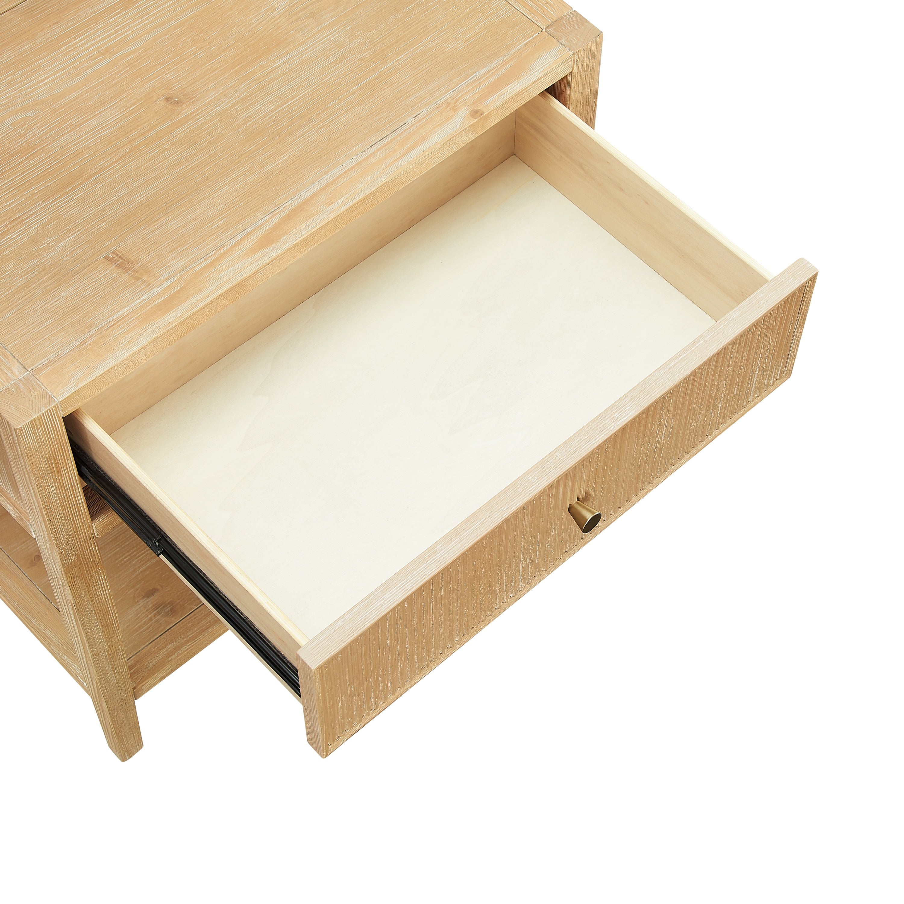 Fleur Natural 1-Drawer Nightstand with Reeded Front, Gold Pull, Solid Wood and MDF Construction in Natural Finish