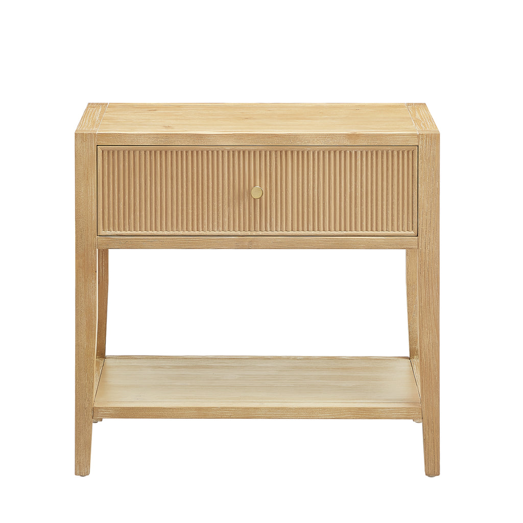 Fleur Natural 1-Drawer Nightstand with Reeded Front, Gold Pull, Solid Wood and MDF Construction in Natural Finish