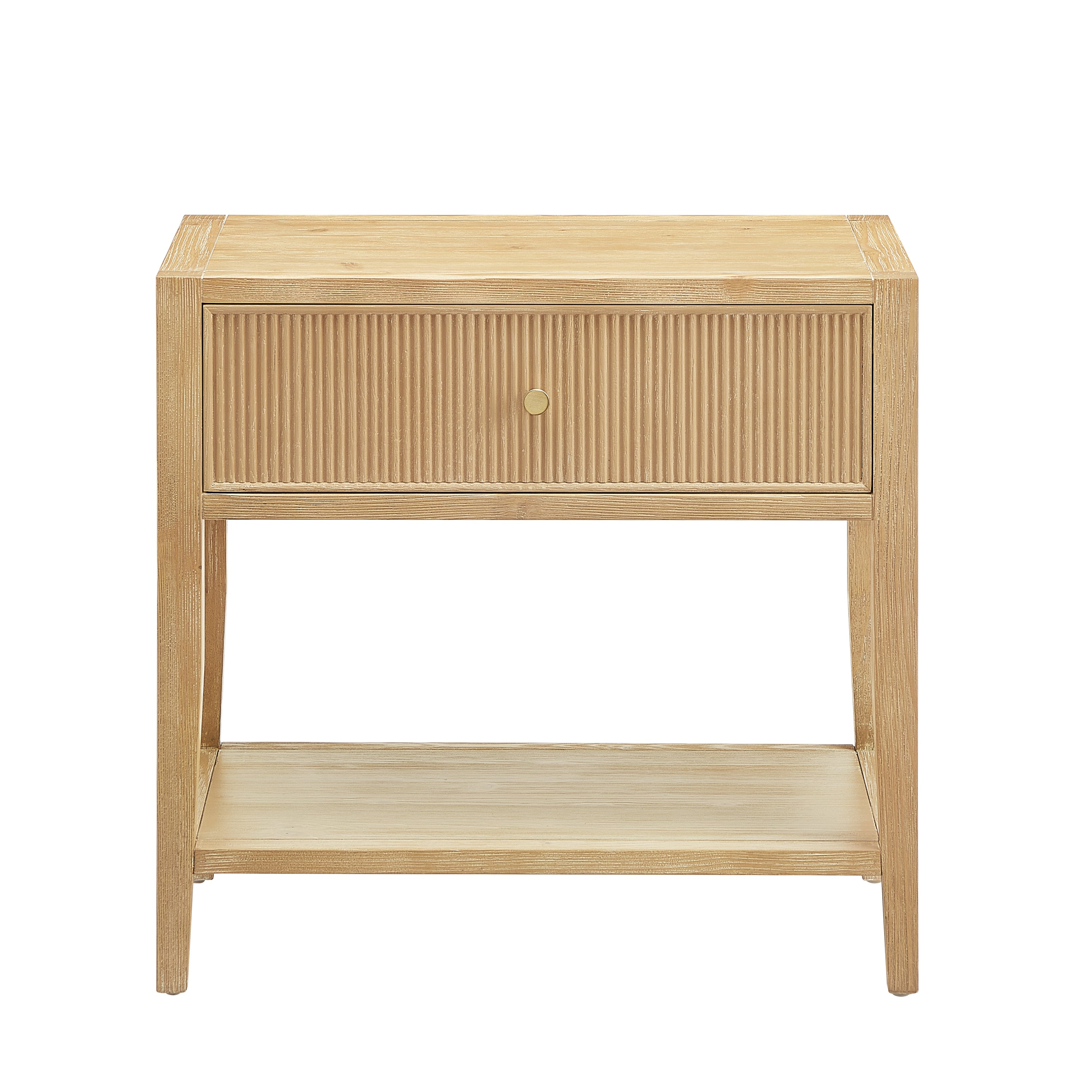 Fleur Natural 1-Drawer Nightstand with Reeded Front, Gold Pull, Solid Wood and MDF Construction in Natural Finish