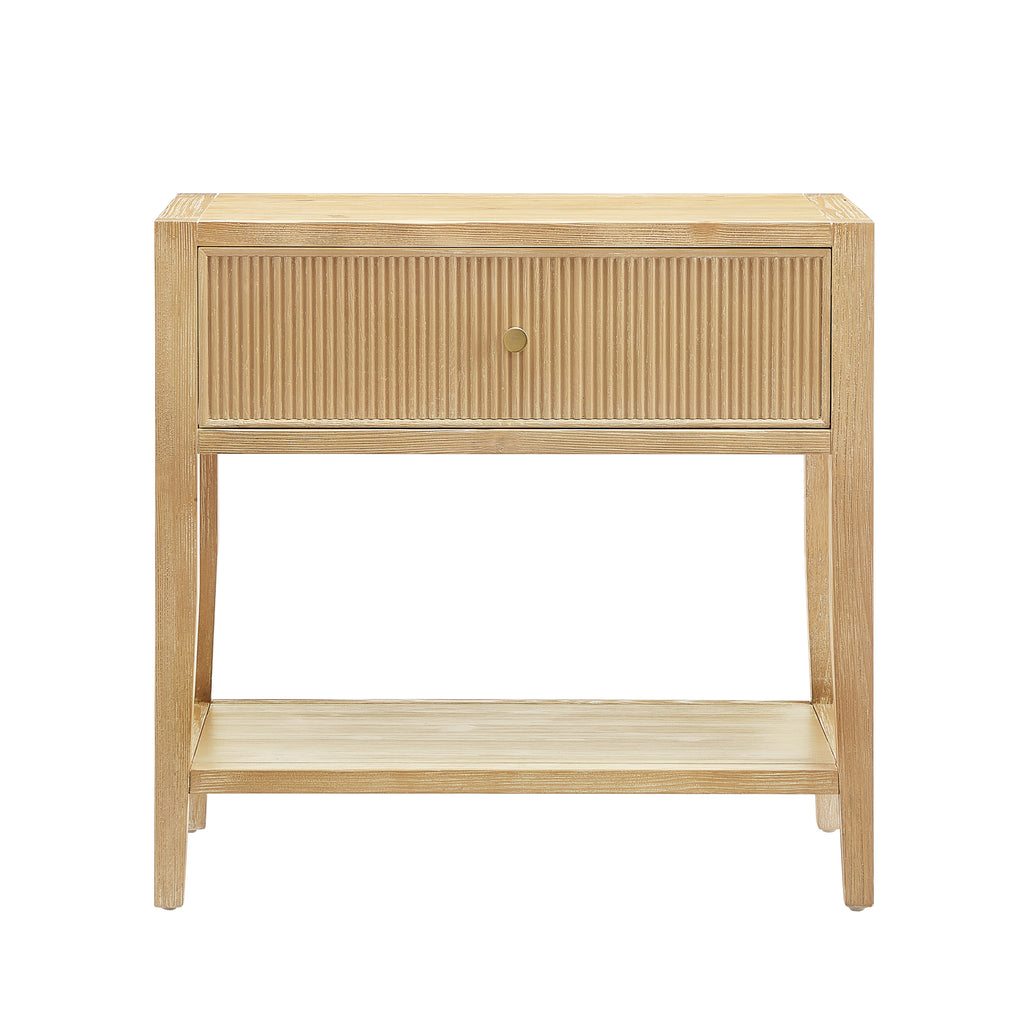 Fleur Natural 1-Drawer Nightstand with Reeded Front, Gold Pull, Solid Wood and MDF Construction in Natural Finish