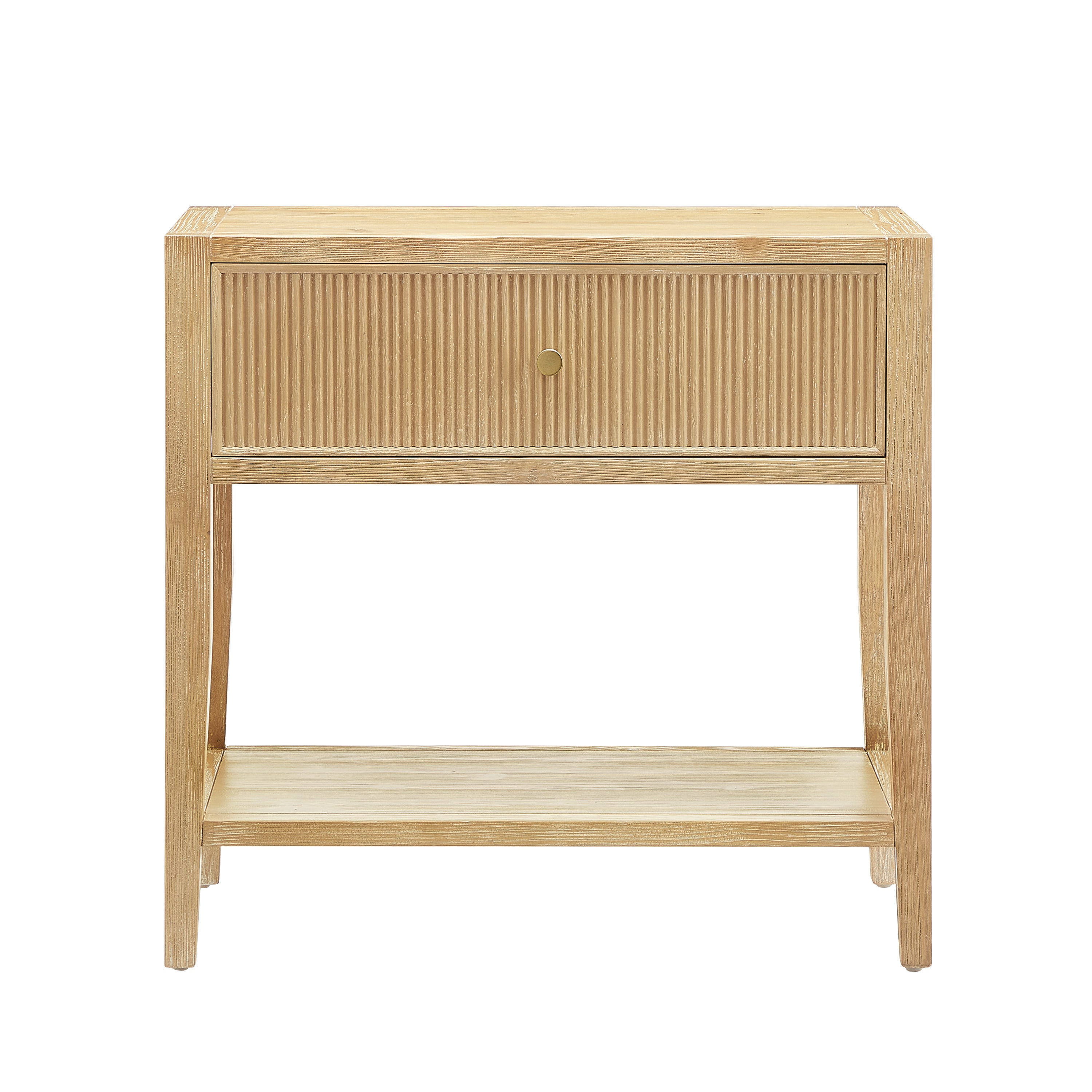 Fleur Natural 1-Drawer Nightstand with Reeded Front, Gold Pull, Solid Wood and MDF Construction in Natural Finish