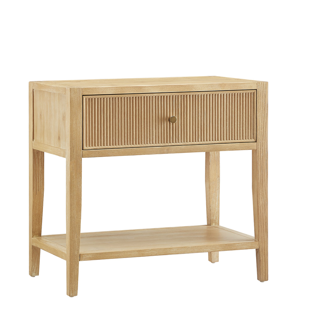 Fleur Natural 1-Drawer Nightstand with Reeded Front, Gold Pull, Solid Wood and MDF Construction in Natural Finish