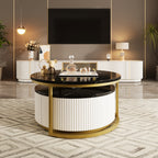 Modern Round Nesting Coffee Table Fluted with Drawer in Black & Gold in 31.5''