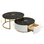 Modern Round Nesting Coffee Table Fluted with Drawer in Black & Gold in 31.5''