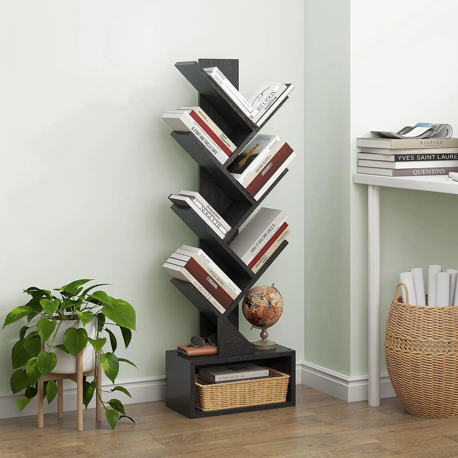 6 Tier Tree Bookshelf, Tall Bookcase with Drawer, Freestanding Book Shelf, Display Floor Standing Storage Shelf, Book Organizer