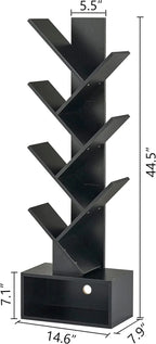 6 Tier Tree Bookshelf, Tall Bookcase with Drawer, Freestanding Book Shelf, Display Floor Standing Storage Shelf, Book Organizer