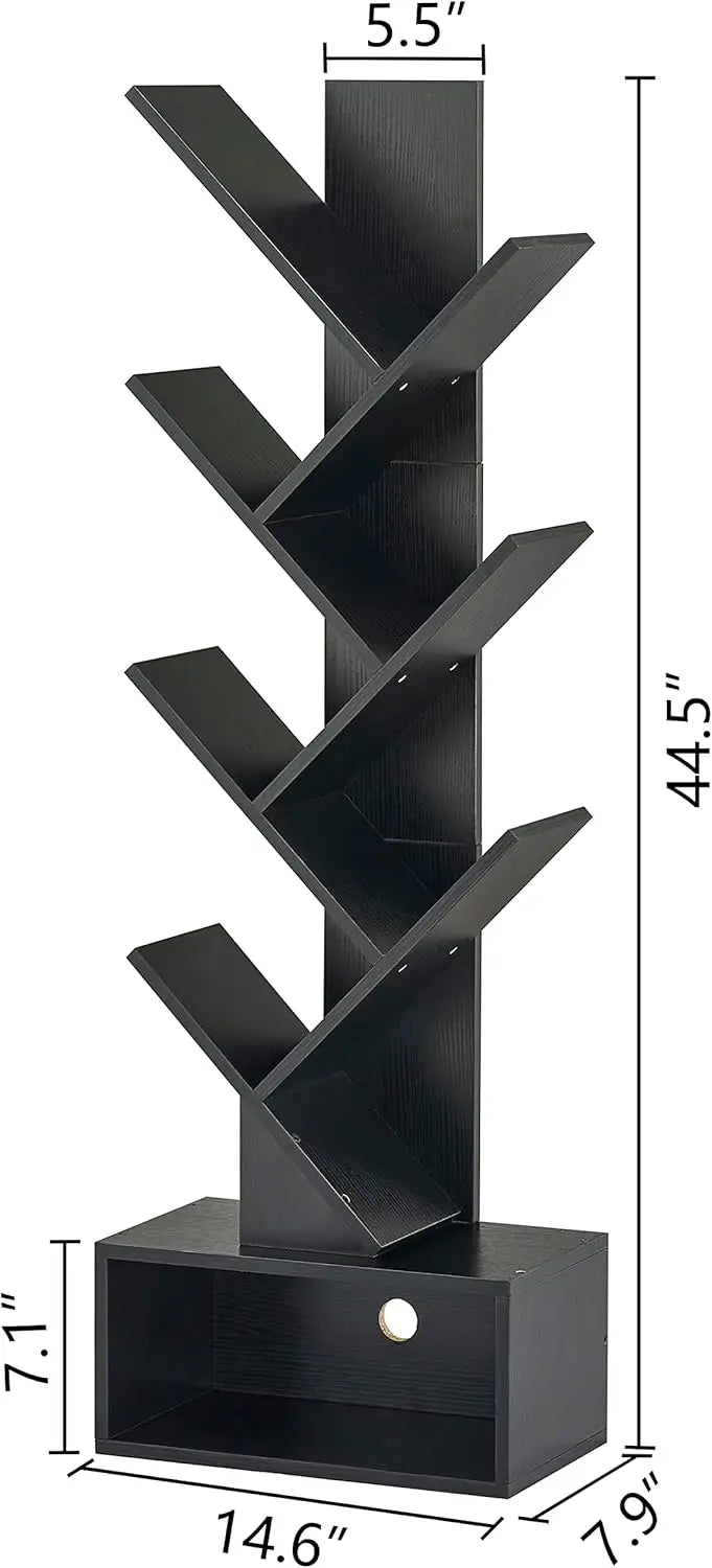 6 Tier Tree Bookshelf, Tall Bookcase with Drawer, Freestanding Book Shelf, Display Floor Standing Storage Shelf, Book Organizer