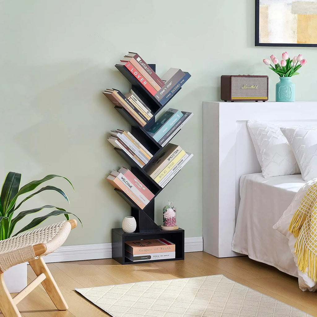 6 Tier Tree Bookshelf, Tall Bookcase with Drawer, Freestanding Book Shelf, Display Floor Standing Storage Shelf, Book Organizer