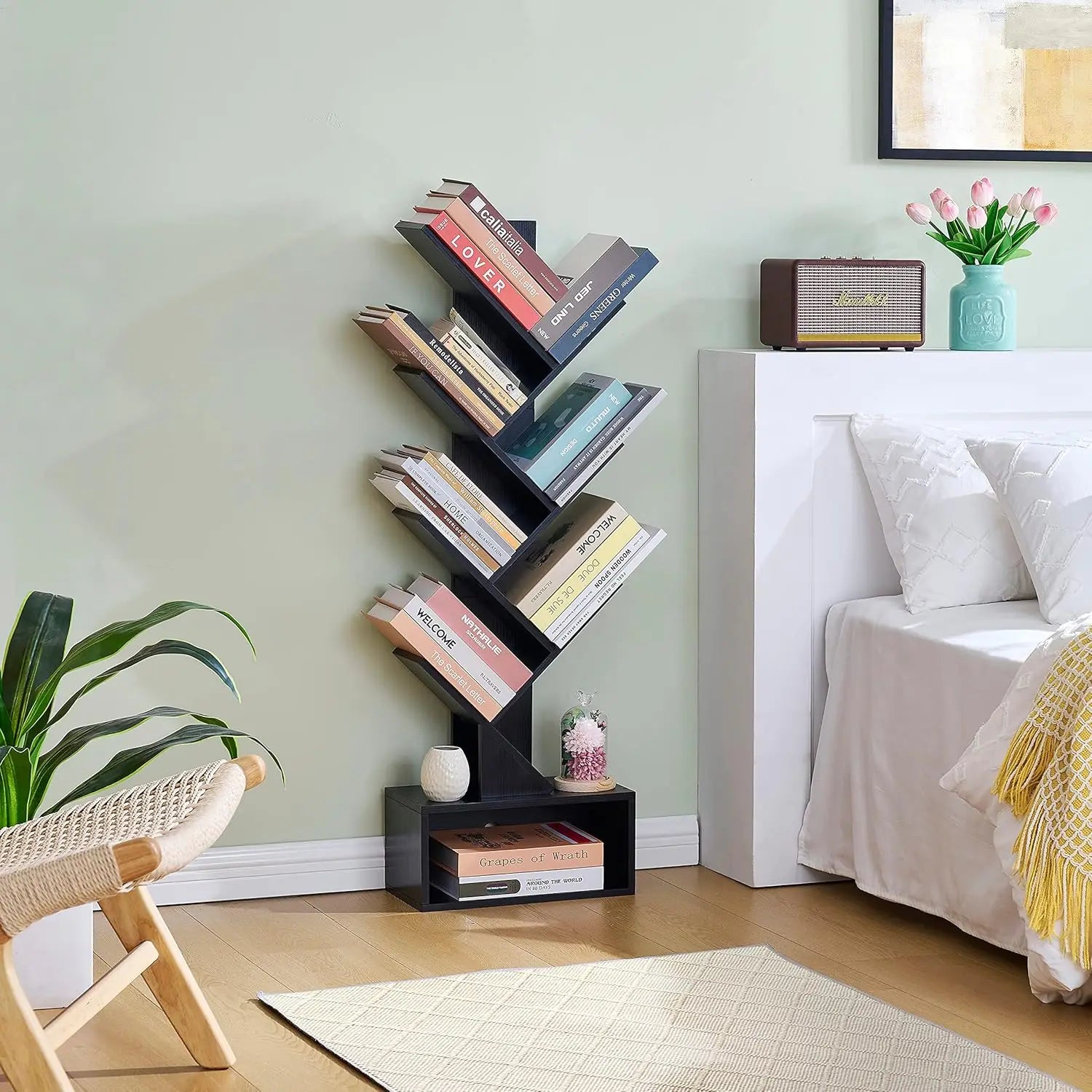 6 Tier Tree Bookshelf, Tall Bookcase with Drawer, Freestanding Book Shelf, Display Floor Standing Storage Shelf, Book Organizer