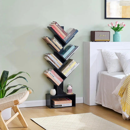 6 Tier Tree Bookshelf, Tall Bookcase with Drawer, Freestanding Book Shelf, Display Floor Standing Storage Shelf, Book Organizer