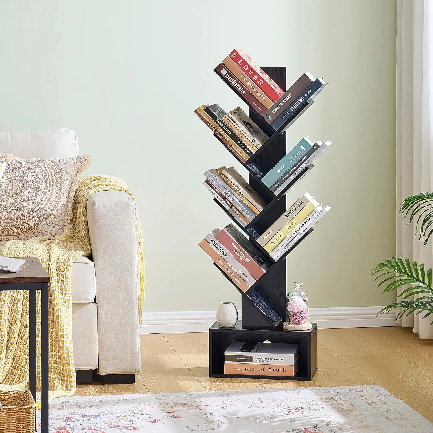6 Tier Tree Bookshelf, Tall Bookcase with Drawer, Freestanding Book Shelf, Display Floor Standing Storage Shelf, Book Organizer