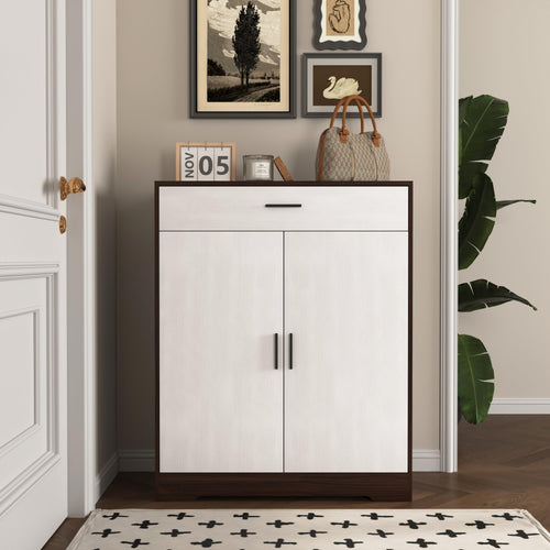 Freestanding Walnut 4-Tier Shoe Cabinet With Drawer.