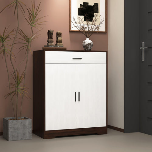 Freestanding Walnut 4-Tier Shoe Cabinet With Drawer.