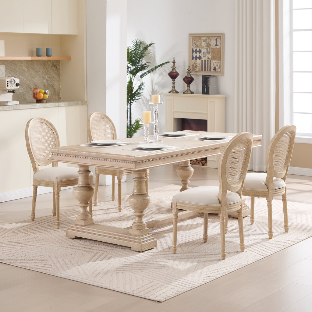 French Country Dining Chairs Set of 2, Upholstered Chairs with Nature Rattan Round Back, Wire drawing and carving techniques ,Disassemblable , for Living Room, Kitchen , Restaurant Use,Beige