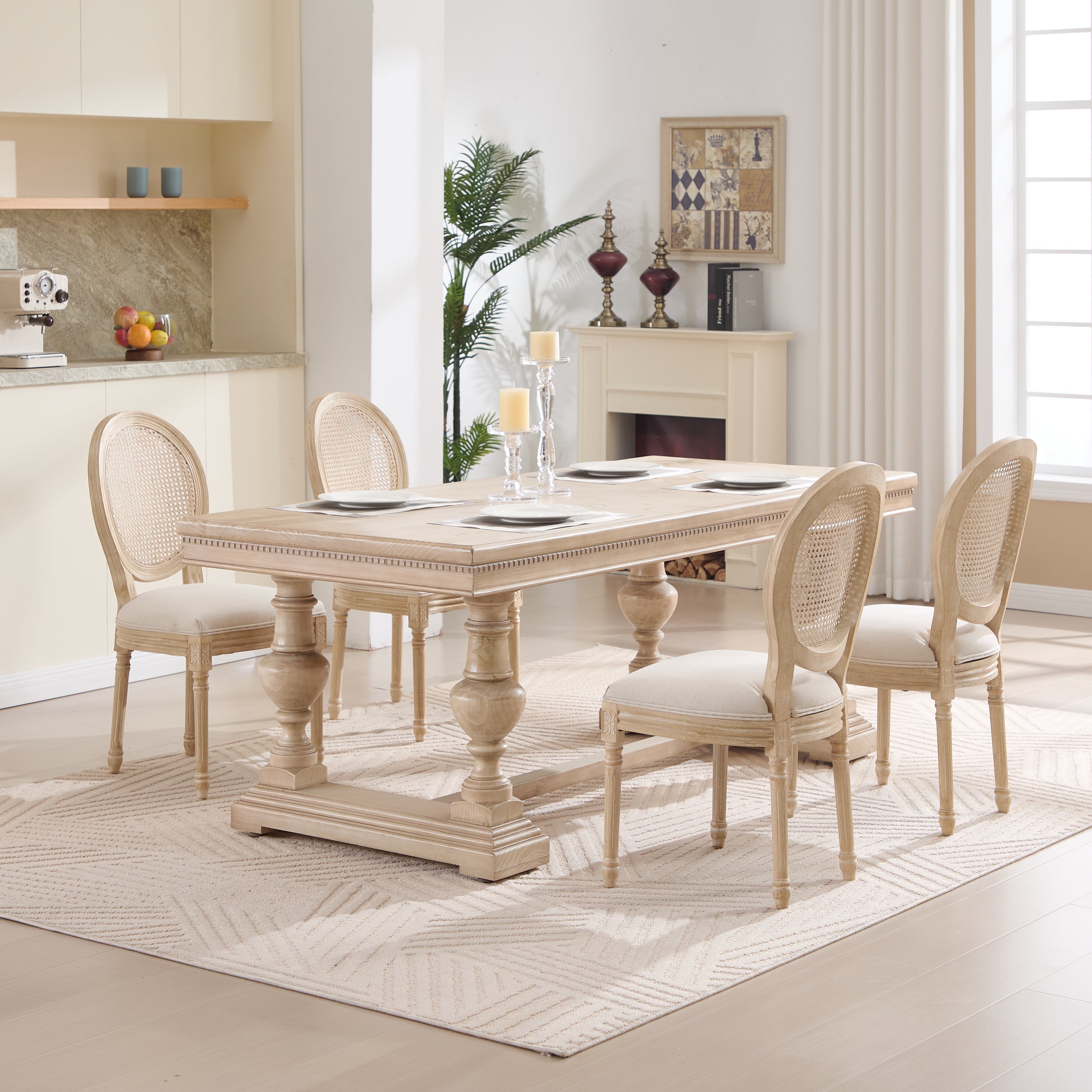 French Country Dining Chairs Set of 2, Upholstered Chairs with Nature Rattan Round Back, Wire drawing and carving techniques ,Disassemblable , for Living Room, Kitchen , Restaurant Use,Beige