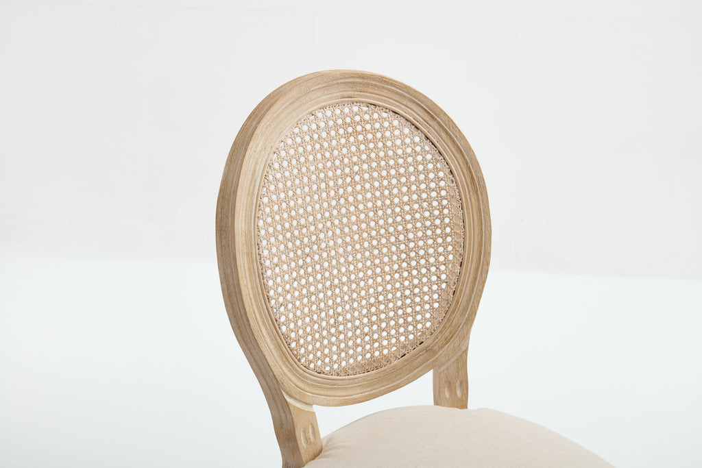 French Country Dining Chairs Set of 2, Upholstered Chairs with Nature Rattan Round Back, Wire drawing and carving techniques ,Disassemblable , for Living Room, Kitchen , Restaurant Use,Beige