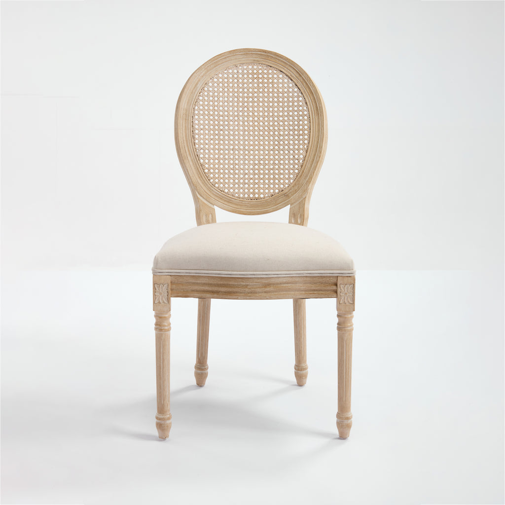 French Country Dining Chairs Set of 2, Upholstered Chairs with Nature Rattan Round Back, Wire drawing and carving techniques ,Disassemblable , for Living Room, Kitchen , Restaurant Use,Beige