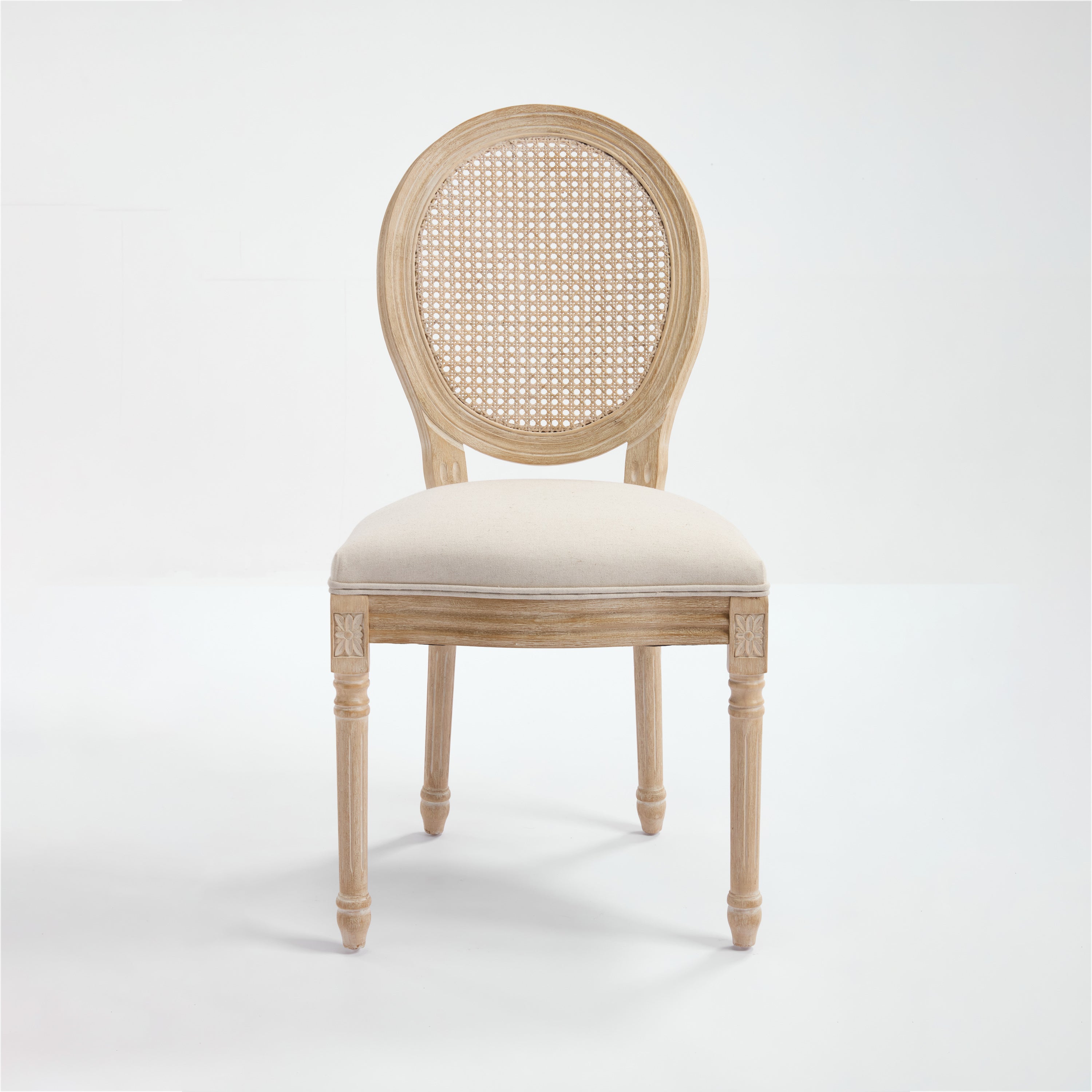 French Country Dining Chairs Set of 2, Upholstered Chairs with Nature Rattan Round Back, Wire drawing and carving techniques ,Disassemblable , for Living Room, Kitchen , Restaurant Use,Beige