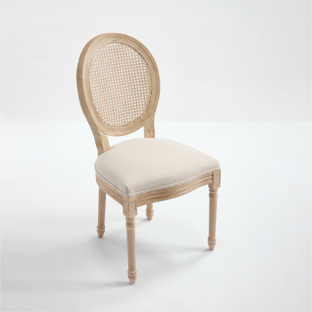 French Country Dining Chairs Set of 2, Upholstered Chairs with Nature Rattan Round Back, Wire drawing and carving techniques ,Disassemblable , for Living Room, Kitchen , Restaurant Use,Beige
