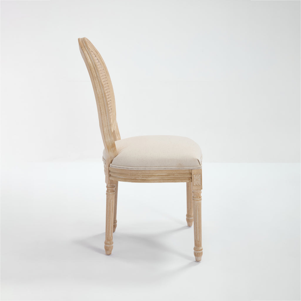 French Country Dining Chairs Set of 2, Upholstered Chairs with Nature Rattan Round Back, Wire drawing and carving techniques ,Disassemblable , for Living Room, Kitchen , Restaurant Use,Beige