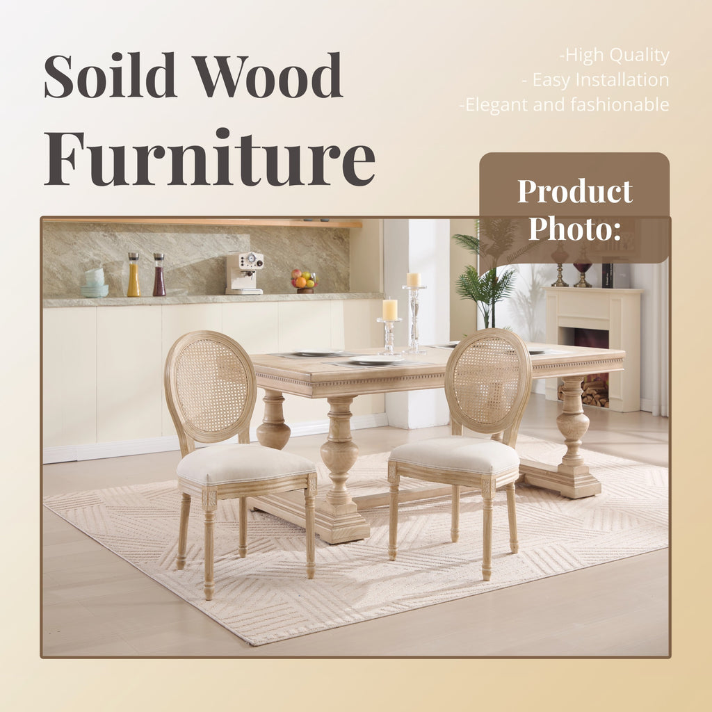 French Country Dining Chairs Set of 2, Upholstered Chairs with Nature Rattan Round Back, Wire drawing and carving techniques ,Disassemblable , for Living Room, Kitchen , Restaurant Use,Beige