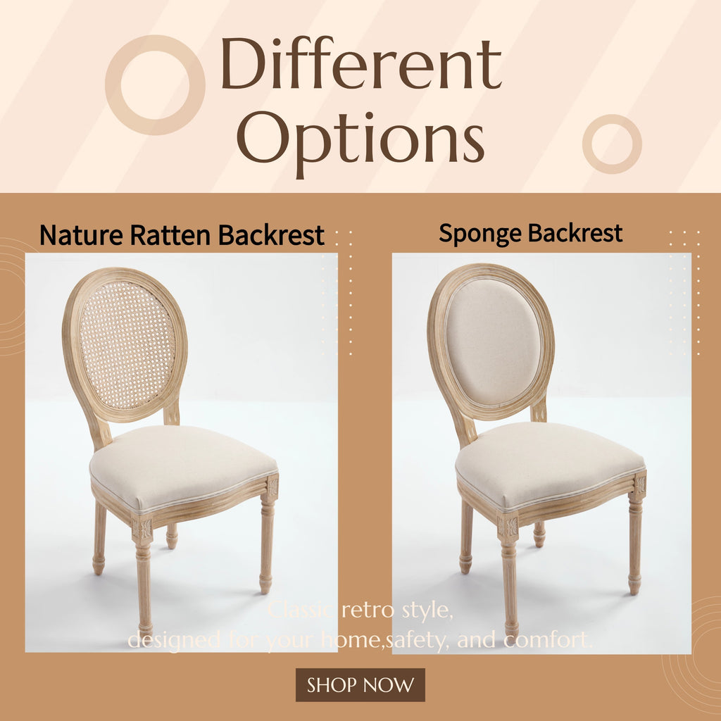 French Country Dining Chairs Set of 2, Upholstered Chairs with Nature Rattan Round Back, Wire drawing and carving techniques ,Disassemblable , for Living Room, Kitchen , Restaurant Use,Beige
