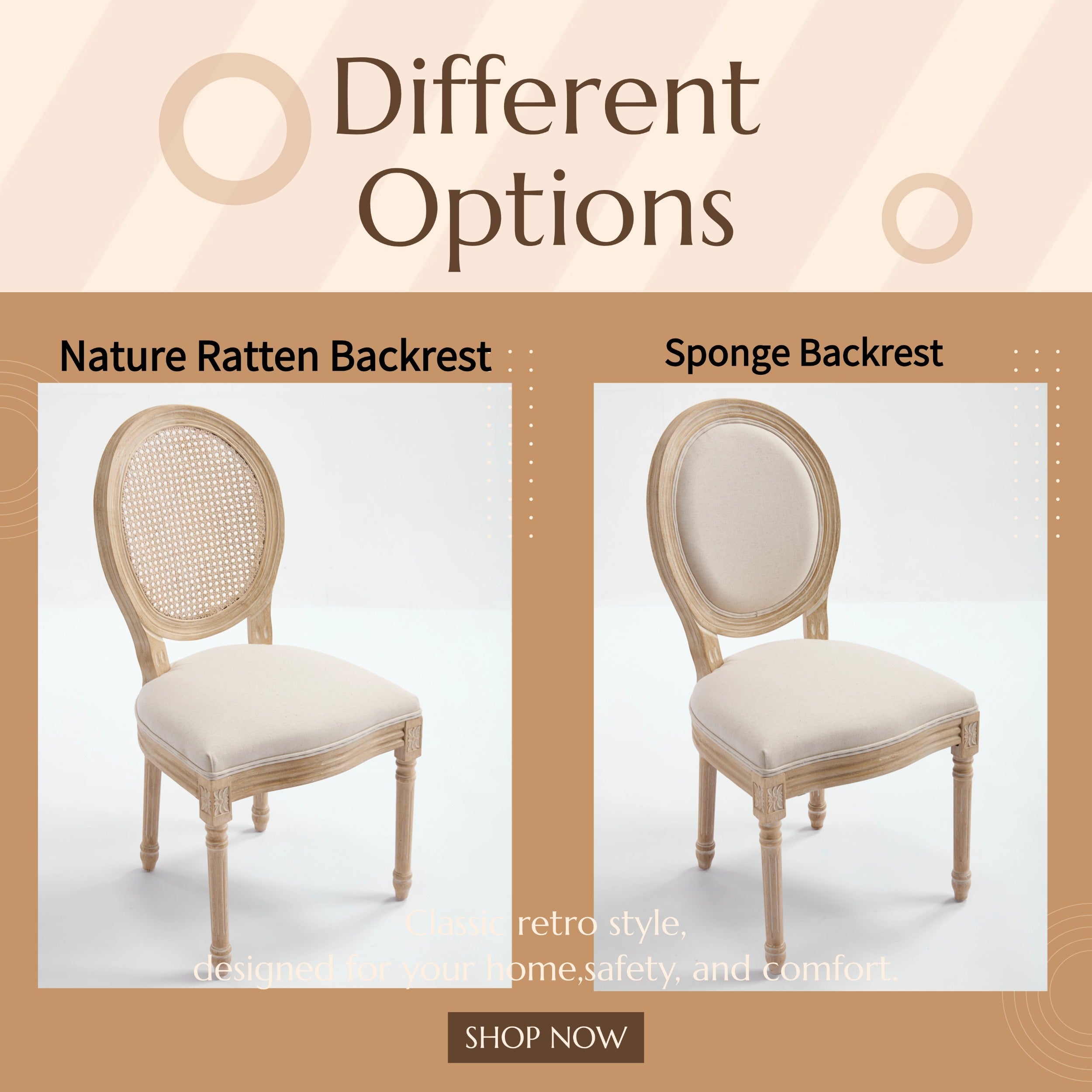 French Country Dining Chairs Set of 2, Upholstered Chairs with Nature Rattan Round Back, Wire drawing and carving techniques ,Disassemblable , for Living Room, Kitchen , Restaurant Use,Beige